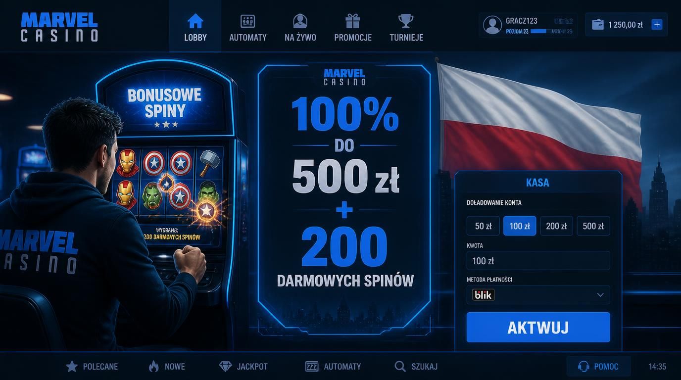 Nagłówek: „Bonus powitalny – 100 % do 500 zł i 200 darmowych spinów” – obrazek przedstawiający ofertę powitalną w Marvel Casino, z polskim kontekstem.