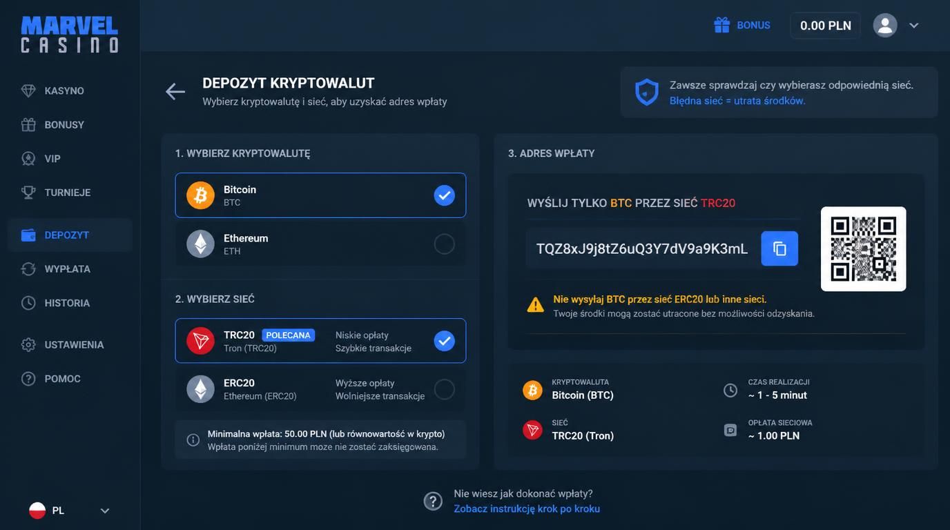 adres kryptowalutowy z wyborem sieci, ikony ETH i BTC