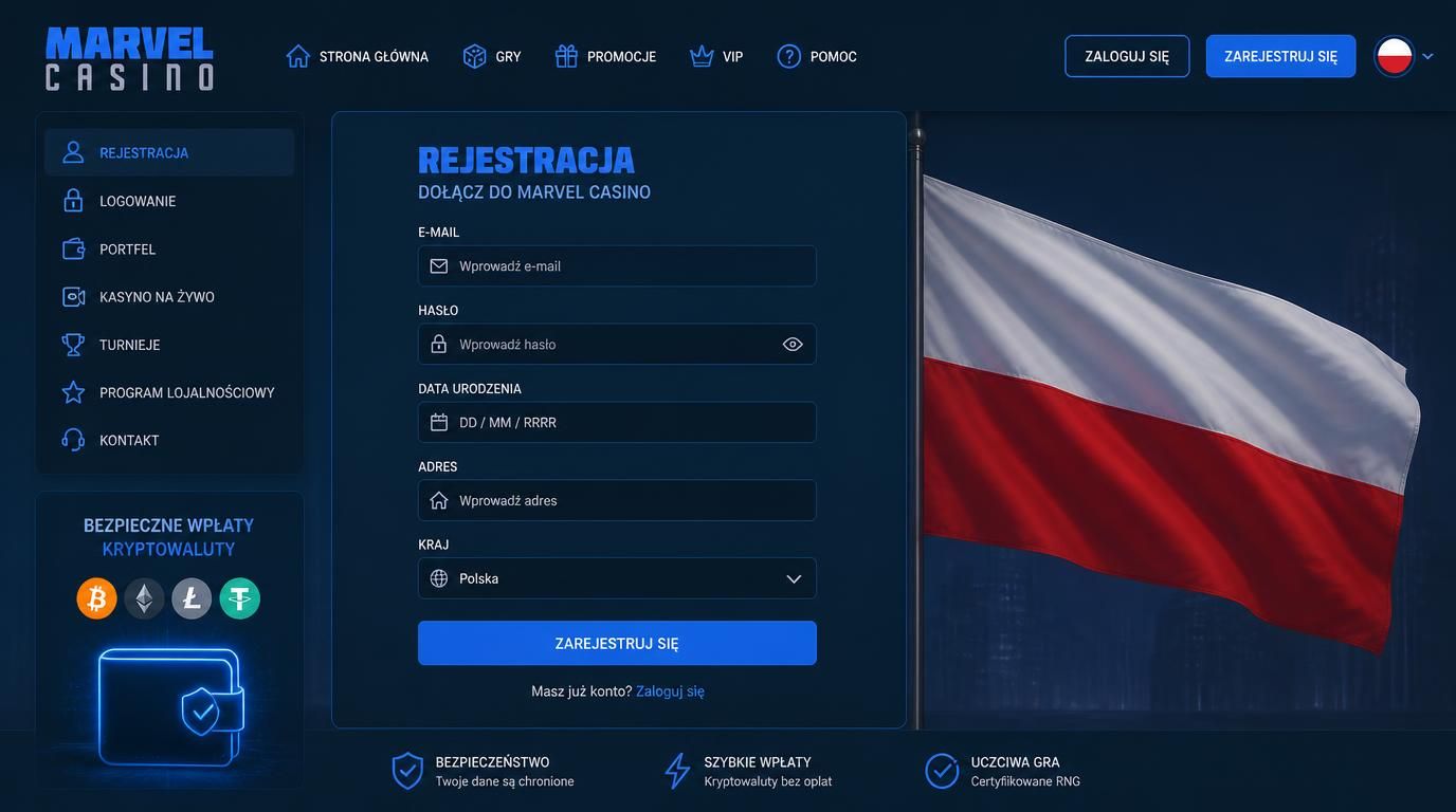 Formularz rejestracji z wymaganymi danymi osobowymi i symbolem kryptowalut.