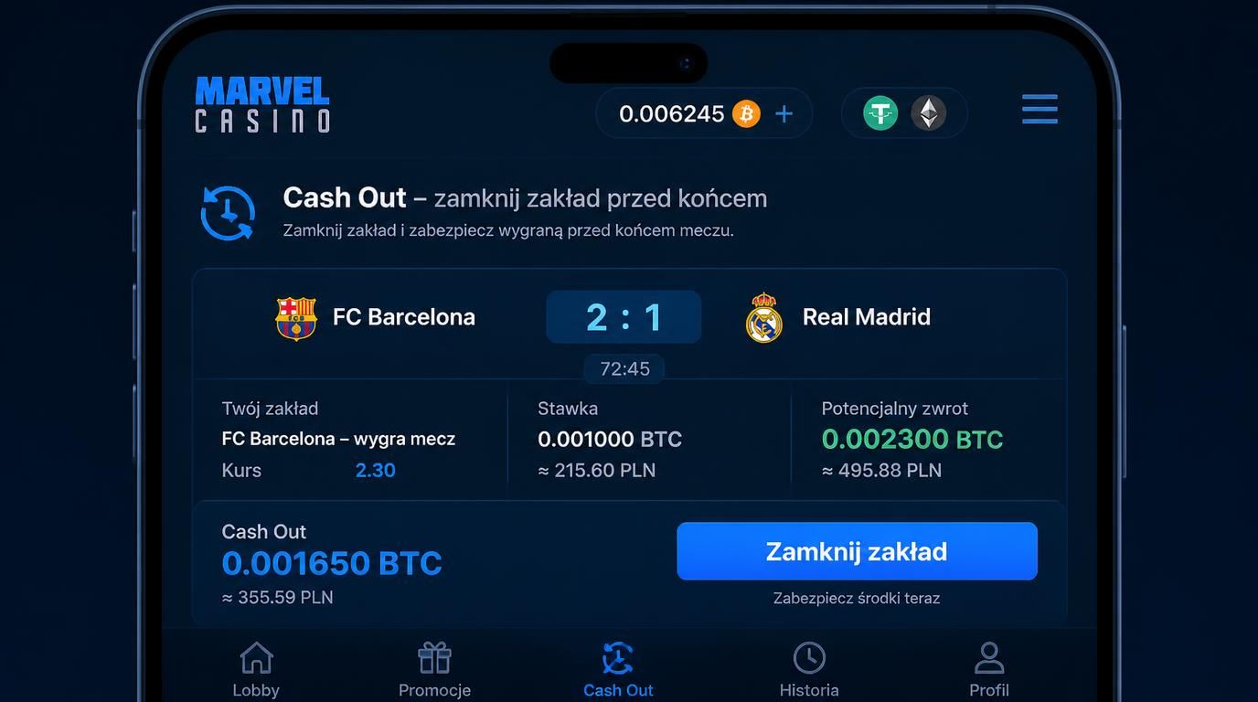 ekran aplikacji pokazujący opcję Cash Out z zakładem piłki nożnej 