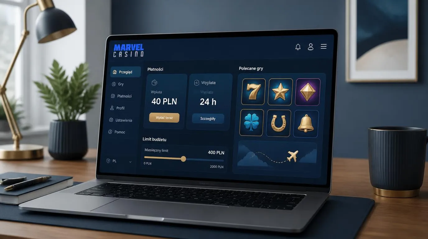 Panel kasyna z depozytem 40 PLN, oznaczeniem wypłaty w 24 godziny i kafelkami gier na ekranie laptopa